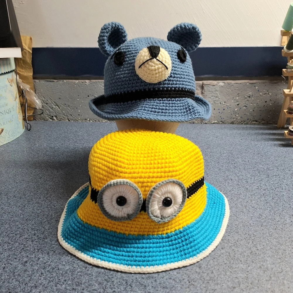 Hand Crocheted Bear & Minion Bucket Hats, Large, NWOT
